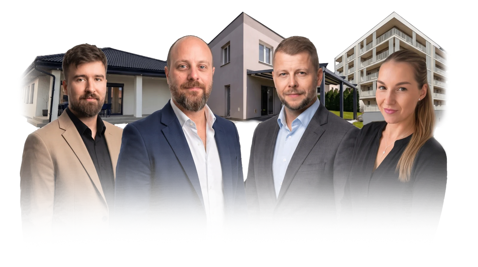 Tím Salvena Reality pred rodinnými domami a bytovkou